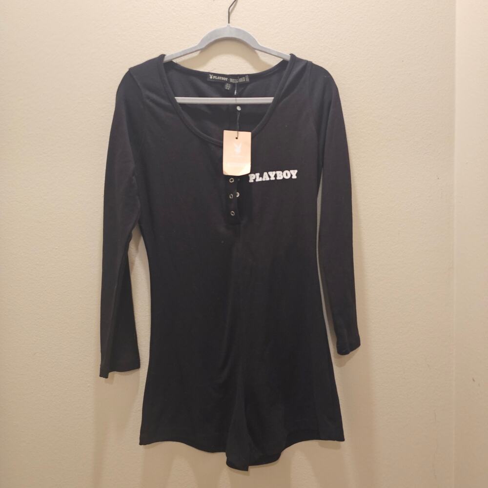 NWT Missguided Playboy Black Long-Sleeve Henley Romper Size Large